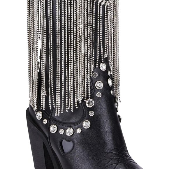 ⚡Women's Black Cowboy Boots Vegan Leather With Rhinestone Fringe Jewel Studs - Picture 5 of 6
